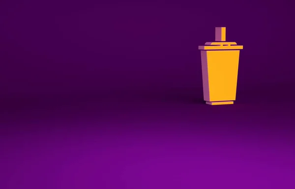 Помаранчеве паперове скло з питною соломою та значком води ізольовано на фіолетовому фоні. Сода п'є склянку. Свіжий символ холодного напою. Концепція мінімалізму. 3D ілюстрація 3D рендеринга — стокове фото