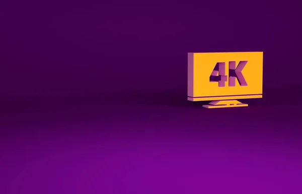 Narancs képernyős tv 4k Ultra HD videó technológia ikon elszigetelt lila háttér. Minimalizmus koncepció. 3d illusztráció 3D render — Stock Fotó