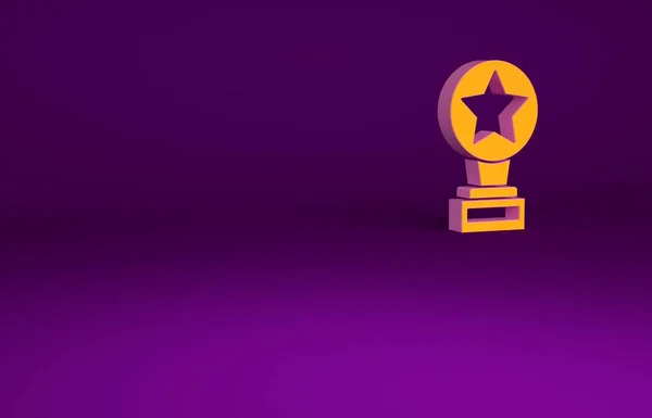 Иконка Orange Movie Trophy выделена на фиолетовом фоне. Иконка премии Академии. Фильмы и киносимвол. Концепция минимализма. 3D-рендеринг — стоковое фото