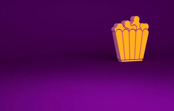 Maïs soufflé orange dans une icône de boîte en carton isolé sur fond violet. Boîte à seau de maïs soufflé. Concept de minimalisme. Illustration 3D rendu 3D — Photo