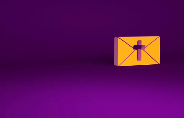 Помаранчева листівка з іконою "Щасливого Великодня" ізольована на пурпуровому тлі. Святковий плакат є зразком для запрошення або листівки для вітання. Концепція мінімалізму. 3D-рендеринг — стокове фото