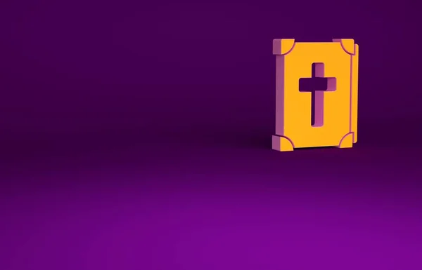Libro de la Biblia de Orange Holy icono aislado sobre fondo púrpura. Concepto minimalista. 3D ilustración 3D render — Foto de Stock