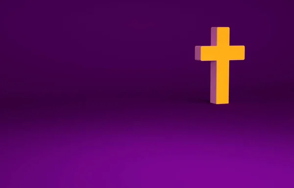 Narancs Keresztény kereszt ikon elszigetelt lila háttér. Templomi kereszt. Minimalizmus koncepció. 3d illusztráció 3D render — Stock Fotó