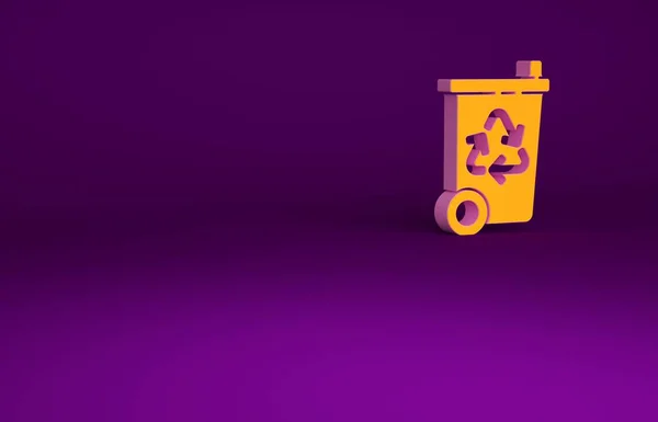 Sampah daur ulang oranye dengan ikon simbol daur ulang diisolasi pada latar belakang ungu. Sampah dapat ikon. Tanda tempat sampah. Recycle tanda keranjang. Konsep minimalisme. Tampilan 3D ilustrasi 3d — Stok Foto