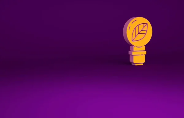 Ampoule orange avec icône de feuille isolée sur fond violet. Concept d'énergie écologique. Concept d'énergie alternative. Concept de minimalisme. Illustration 3D rendu 3D — Photo