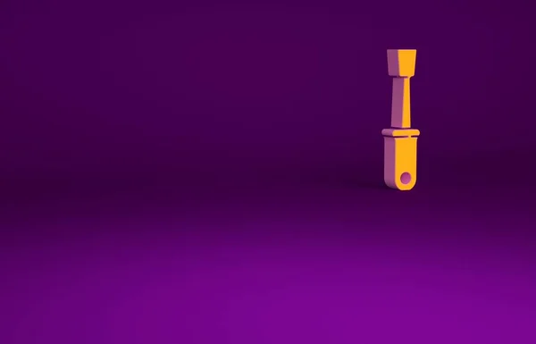 Pomarańczowy śrubokręt odizolowany na fioletowym tle. Symbol narzędzia serwisowego. Koncepcja minimalizmu. Ilustracja 3D 3D renderowania — Zdjęcie stockowe