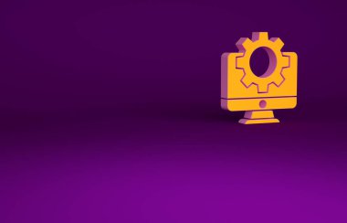 Mor arkaplanda turuncu bilgisayar monitörü ve vites simgesi izole edildi. Ayarlama, servis, ayar, bakım, onarım, onarım. Minimalizm kavramı. 3d illüstrasyon 3B canlandırma