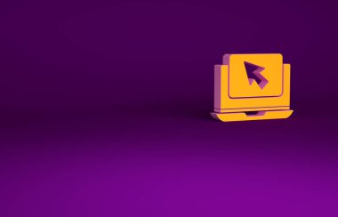 Mor arkaplanda turuncu dizüstü ve imleç simgesi izole edildi. Boş ekran işaretli bilgisayar defteri. Minimalizm kavramı. 3d illüstrasyon 3B canlandırma