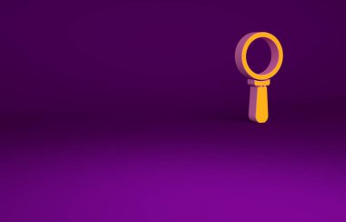 Mor arkaplanda izole edilmiş turuncu büyüteç simgesi. Arama, odaklanma, yakınlaştırma, iş sembolü. Minimalizm kavramı. 3d illüstrasyon 3B canlandırma