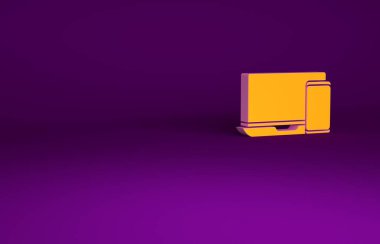 Mor arkaplanda turuncu bilgisayar monitörü ve cep telefonu simgesi izole edildi. İnternetten kazanç, pazarlama. Minimalizm kavramı. 3d illüstrasyon 3B canlandırma