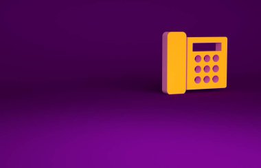 Mor arkaplanda izole edilmiş turuncu telefon ikonu. Sabit telefon. Minimalizm kavramı. 3d illüstrasyon 3B canlandırma