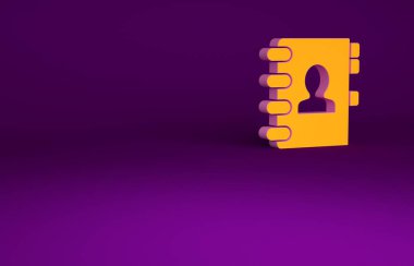 Mor arkaplanda izole edilmiş turuncu adres defteri simgesi. Not defteri, adres, bağlantı, rehber, telefon, telefon rehberi simgesi. Minimalizm kavramı. 3d illüstrasyon 3B canlandırma