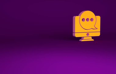 Mor arkaplanda izole edilmiş monitör simgesindeki turuncu yeni sohbet mesajları bildirimi. Smartphone sohbet mesajları konuşma baloncukları. Minimalizm kavramı. 3d illüstrasyon 3B canlandırma