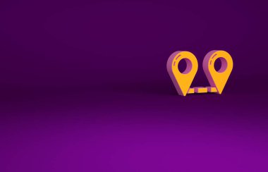 Orange Route konum simgesi mor arkaplanda izole edildi. Harita işaretçisi işareti. Yol ya da yol kavramı. GPS navigatörü. Minimalizm kavramı. 3d illüstrasyon 3B canlandırma
