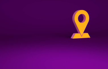 Mor arkaplanda turuncu harita pin simgesi izole edildi. Navigasyon, işaret, konum, harita, GPS, yön, yer, pusula, arama konsepti. Minimalizm kavramı. 3d illüstrasyon 3B canlandırma