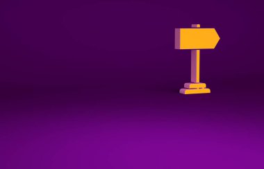 Turuncu yol trafik tabelası. Mor arkaplanda izole edilmiş işaret simgesi. İşaretçi sembolü. İzole sokak bilgi levhası. Yön tabelası. Minimalizm kavramı. 3d illüstrasyon 3B canlandırma