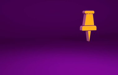 Mor arkaplanda turuncu itme pin simgesi izole edildi. Raptiye işareti. Minimalizm kavramı. 3d illüstrasyon 3B canlandırma