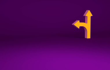 Turuncu yol trafik tabelası. Mor arkaplanda izole edilmiş işaret simgesi. İşaretçi sembolü. İzole sokak bilgi levhası. Yön tabelası. Minimalizm kavramı. 3d illüstrasyon 3B canlandırma