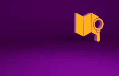 Mor arkaplanda turuncu arama konumu simgesi izole edildi. İşaretli büyüteç. Minimalizm kavramı. 3d illüstrasyon 3B canlandırma