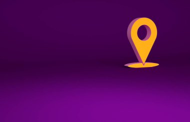 Mor arkaplanda turuncu harita pin simgesi izole edildi. Navigasyon, işaret, konum, harita, GPS, yön, yer, pusula, arama konsepti. Minimalizm kavramı. 3d illüstrasyon 3B canlandırma