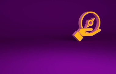 Mor arkaplanda izole edilmiş turuncu pusula simgesi. Rüzgâr yön bulma sembolü. Rüzgar gül işareti. Minimalizm kavramı. 3d illüstrasyon 3B canlandırma