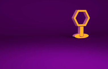 Turuncu yol trafik tabelası. Mor arkaplanda izole edilmiş işaret simgesi. İşaretçi sembolü. İzole sokak bilgi levhası. Yön tabelası. Minimalizm kavramı. 3d illüstrasyon 3B canlandırma