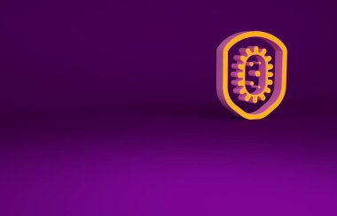 Mor arka planda virüslerden, mikroplardan ve bakteri ikonlarından korunan turuncu kalkan. Bağışıklık sistemi konsepti. Corona virüsü 2019-nCoV. Minimalizm kavramı. 3d illüstrasyon 3B canlandırma