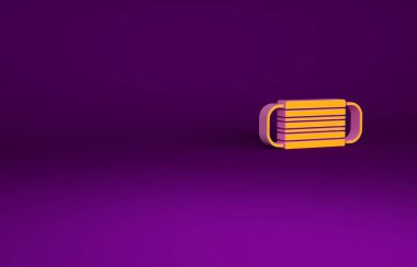 Mor arka planda izole edilmiş turuncu tıbbi maske ikonu. Minimalizm kavramı. 3d illüstrasyon 3B canlandırma