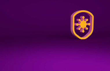 Mor arka planda virüslerden, mikroplardan ve bakteri ikonlarından korunan turuncu kalkan. Bağışıklık sistemi konsepti. Corona virüsü 2019-nCoV. Minimalizm kavramı. 3d illüstrasyon 3B canlandırma