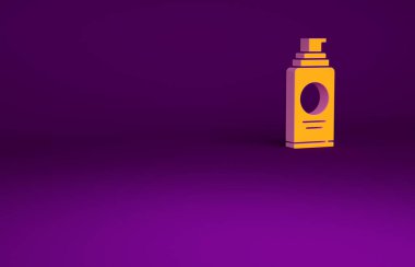 Saç spreyi için turuncu sprey kutusu, deodorant, mor arka planda izole edilmiş terleme önleyici ikon. Minimalizm kavramı. 3d illüstrasyon 3B canlandırma