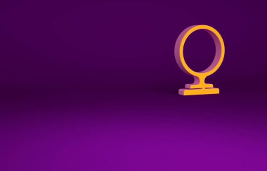 Mor arkaplanda izole edilmiş turuncu yuvarlak makyaj aynası ikonu. Minimalizm kavramı. 3d illüstrasyon 3B canlandırma