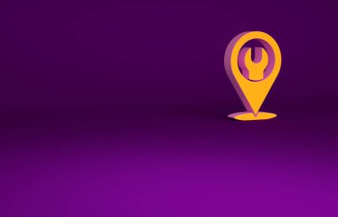 Mor zemin üzerinde İngiliz anahtarı simgesi olan turuncu konum. Ayarlama, servis, ayar, bakım, onarım, onarım. Minimalizm kavramı. 3d illüstrasyon 3B canlandırma