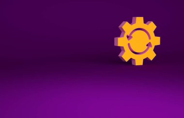 İş akışı konsepti simgesi olarak turuncu dişli ve oklar mor arkaplanda izole edildi. Vites doldurma tabelası. Minimalizm kavramı. 3d illüstrasyon 3B canlandırma