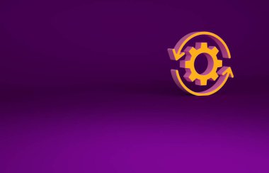 İş akışı konsepti simgesi olarak turuncu dişli ve oklar mor arkaplanda izole edildi. Vites doldurma tabelası. Minimalizm kavramı. 3d illüstrasyon 3B canlandırma