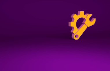 Mor arkaplanda turuncu anahtarlar ve vites simgesi izole edildi. Ayarlama, servis, ayar, bakım, onarım, onarım. Minimalizm kavramı. 3d illüstrasyon 3B canlandırma