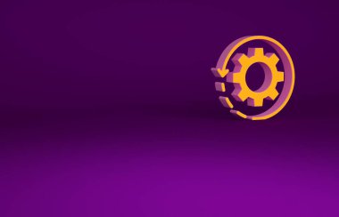 İş akışı konsepti simgesi olarak turuncu dişli ve oklar mor arkaplanda izole edildi. Vites doldurma tabelası. Minimalizm kavramı. 3d illüstrasyon 3B canlandırma