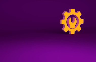 Mor arkaplanda turuncu anahtarlar ve vites simgesi izole edildi. Ayarlama, servis, ayar, bakım, onarım, onarım. Minimalizm kavramı. 3d illüstrasyon 3B canlandırma