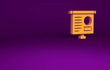 Mor zemin üzerinde grafik, çizelge, grafik, grafik, bilgi, turta grafik simgesi bulunan turuncu sunum tahtası. Minimalizm kavramı. 3d illüstrasyon 3B canlandırma