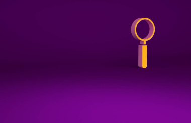 Mor arkaplanda izole edilmiş turuncu büyüteç simgesi. Arama, odaklanma, yakınlaştırma, iş sembolü. Minimalizm kavramı. 3d illüstrasyon 3B canlandırma
