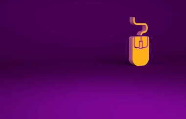 Mor arkaplanda turuncu bilgisayar fare simgesi izole edildi. Tekerlek sembollü optik. Minimalizm kavramı. 3d illüstrasyon 3B canlandırma