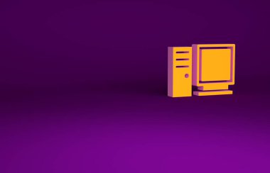 Mor arkaplanda izole edilmiş turuncu bilgisayar monitörü simgesi. Bilgisayar bileşeni işareti. Minimalizm kavramı. 3d illüstrasyon 3B canlandırma
