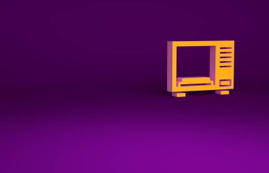 Mor arkaplanda turuncu mikrodalga fırın ikonu var. Ev aletleri simgesi. Minimalizm kavramı. 3d illüstrasyon 3B canlandırma