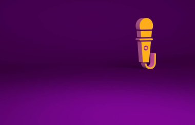 Mor arkaplanda izole edilmiş turuncu mikrofon simgesi. Radyodaki mikrofondan. Sözcü işareti. Minimalizm kavramı. 3d illüstrasyon 3B canlandırma
