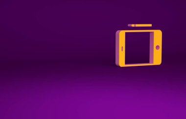 Mor arkaplanda izole edilmiş turuncu grafik tablet simgesi. Minimalizm kavramı. 3d illüstrasyon 3B canlandırma