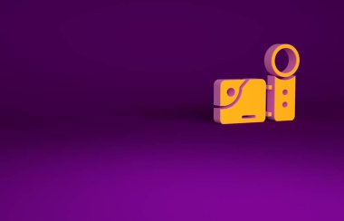 Mor arkaplanda izole edilmiş turuncu sinema kamera ikonu. Video kamera. Film tabelası. Film projektörü. Minimalizm kavramı. 3d illüstrasyon 3B canlandırma