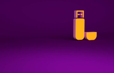 Mor arkaplanda turuncu USB flash disk simgesi izole edildi. Minimalizm kavramı. 3d illüstrasyon 3B canlandırma