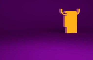 Mor arkaplanda izole edilmiş bir askı simgesinde turuncu havlu. Banyo havlusu ikonu. Minimalizm kavramı. 3d illüstrasyon 3B canlandırma