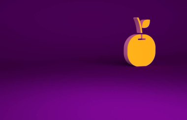 Mor arkaplanda izole edilmiş turuncu elma simgesi. Yaprak sembollü meyve. Minimalizm kavramı. 3d illüstrasyon 3B canlandırma