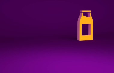 Mor arka planda izole edilmiş süt ikonu olan turuncu kapaklı cam şişe. Minimalizm kavramı. 3d illüstrasyon 3B canlandırma