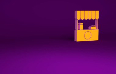 Portakal Sokağı tezgahı tenteli ve ahşap askı ikonu mor arka planda izole. Ahşap göğüslü bir büfe. Minimalizm kavramı. 3d illüstrasyon 3B canlandırma